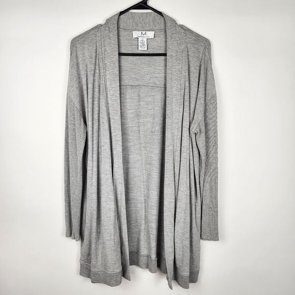 M MAGASCHONI WOMENS LARGE OPEN FRONT CARDIGAN SWEATER RIBBED SLEEVE POCKETS GRAY - Picture 1 of 6